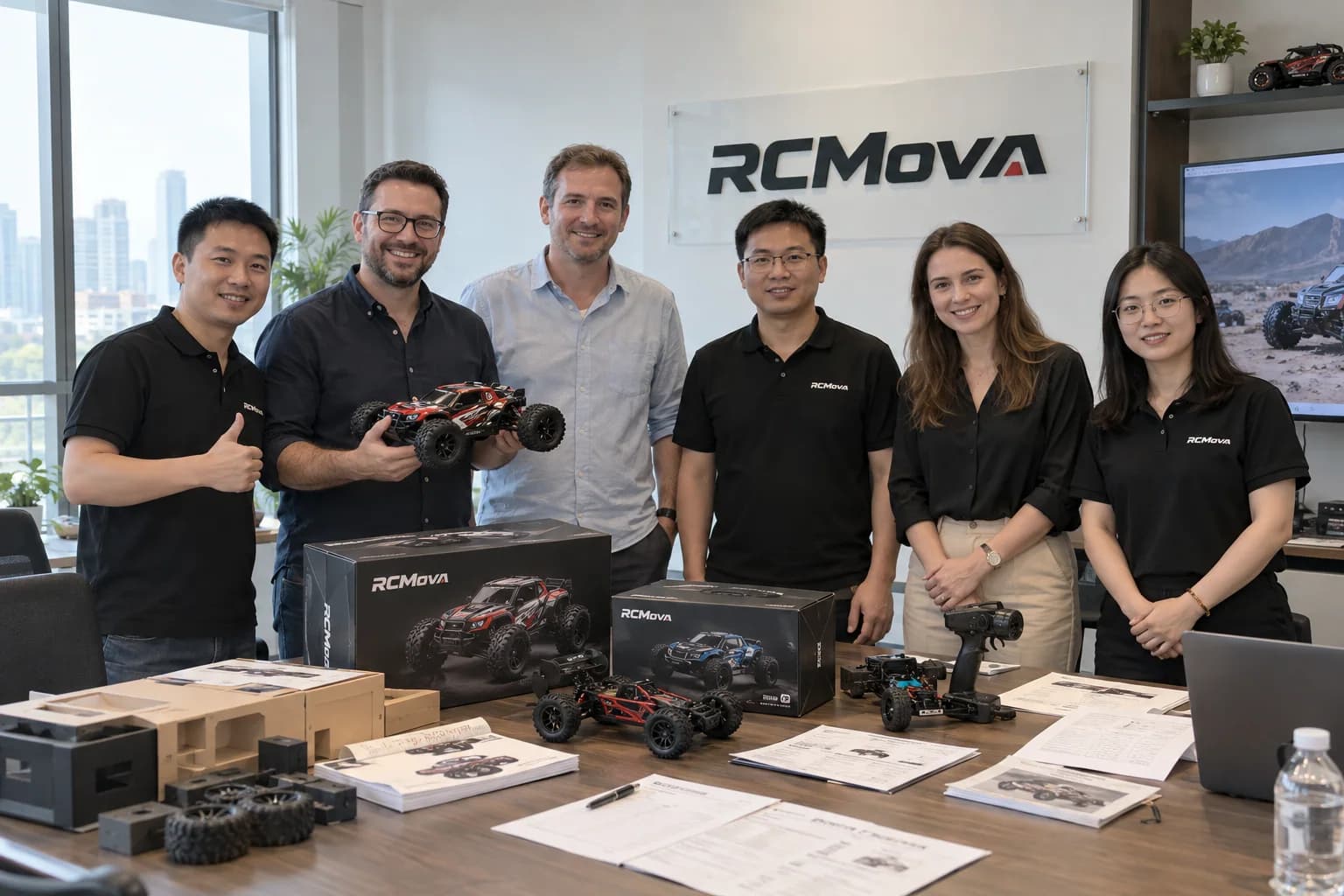 RCMova team and overseas customers after reviewing remote control toy samples and packaging