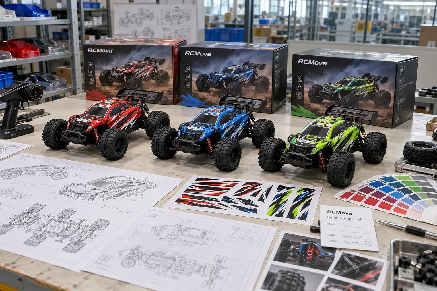RCMova customized RC car samples with color options, artwork, packaging and approval records