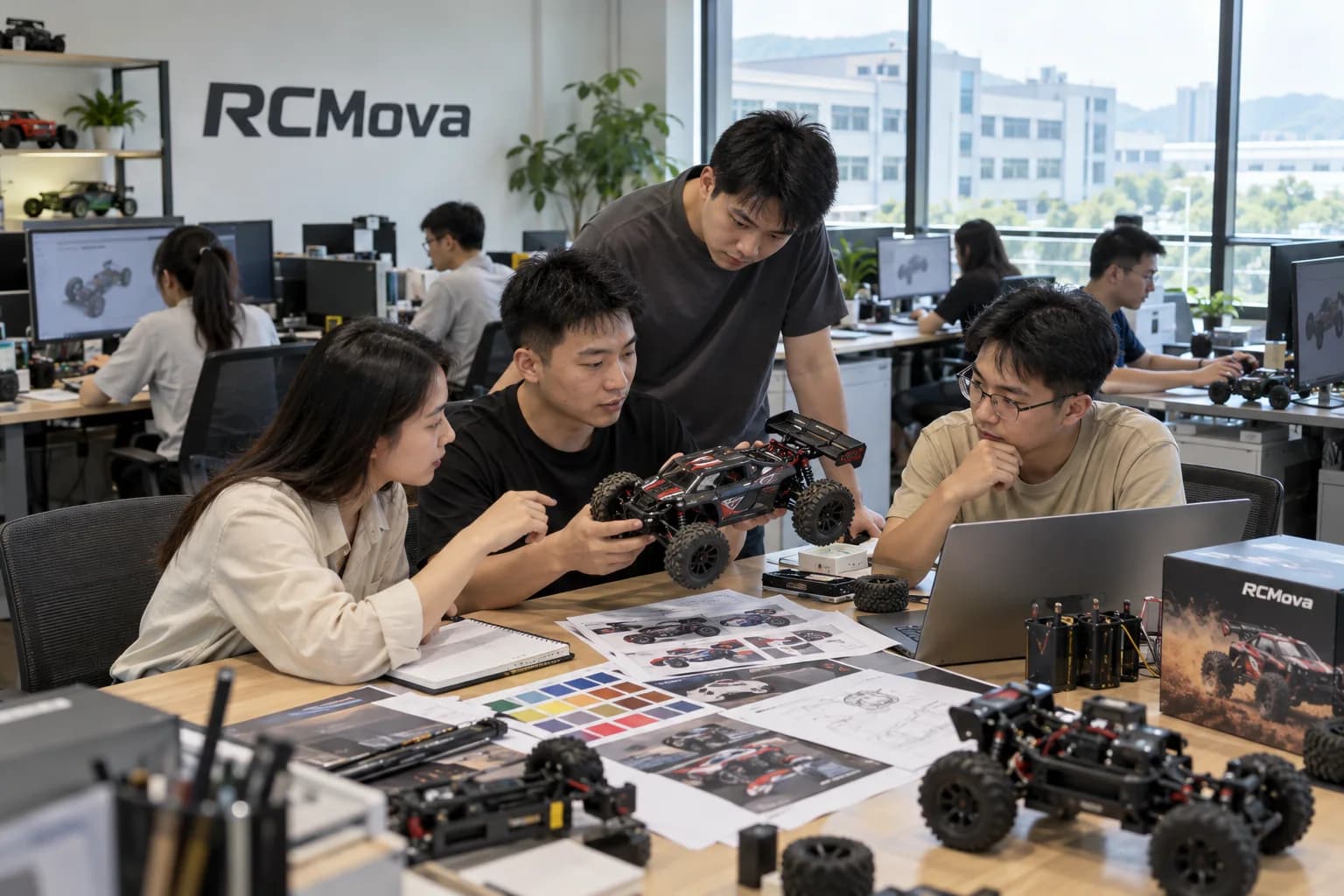 Asian RCMova product and export team reviewing an RC car sample in the Shenzhen office