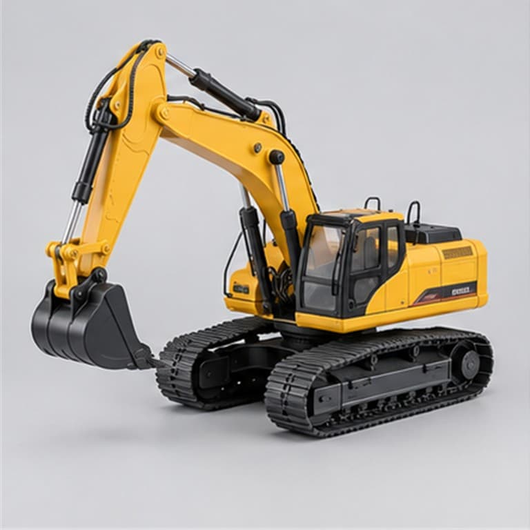 Yellow remote control excavator with tracked undercarriage and detailed working arm