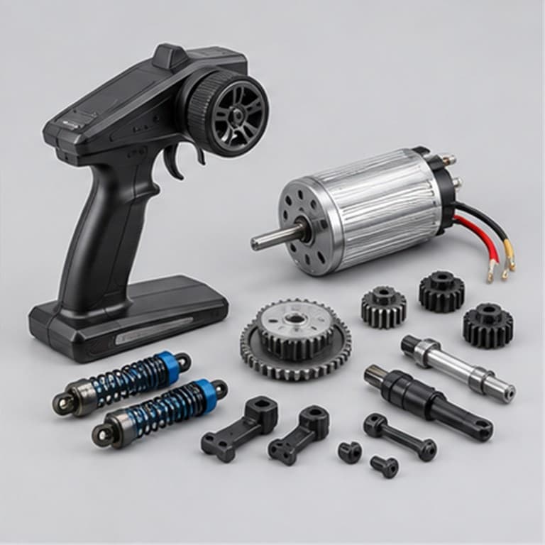 RC transmitter, electric motor, gears, shocks and replacement drive components