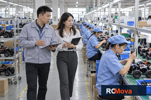 Asian buyer and factory supervisor reviewing an RC toy production line in Shenzhen