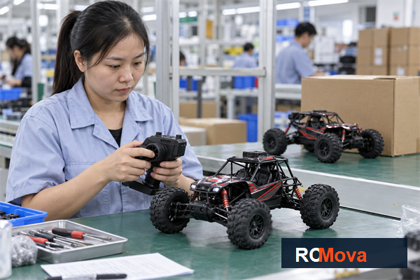 Asian quality inspector testing an RC vehicle at a Shenzhen factory inspection bench