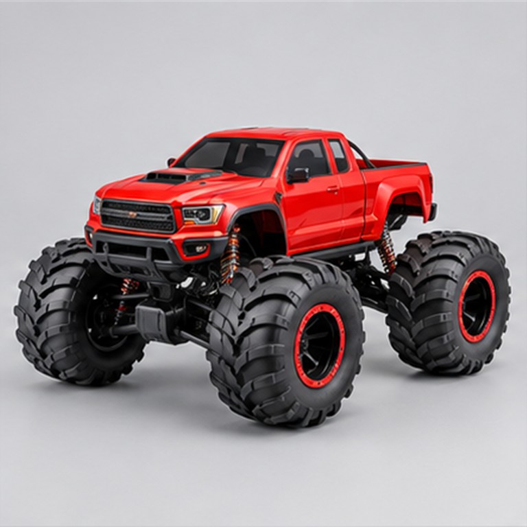 Red RC monster truck with oversized tires and raised suspension on a studio background