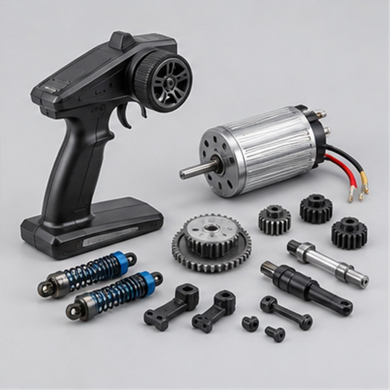 RC transmitter, electric motor, gears, shocks and replacement drive components