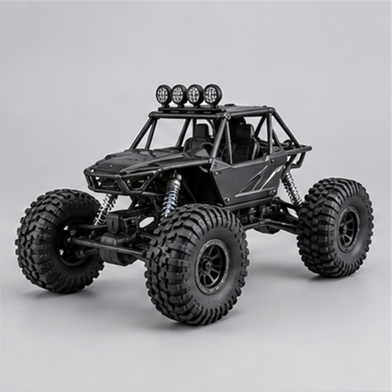 Black RC rock crawler with open roll cage and articulated off-road suspension