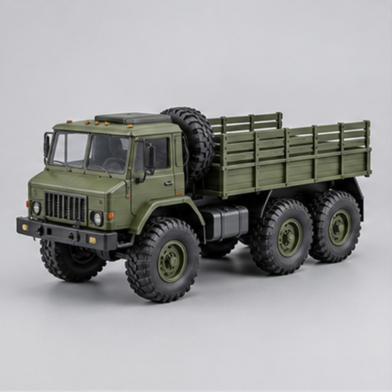 Green six-wheel remote control utility truck with cargo bed and spare tire